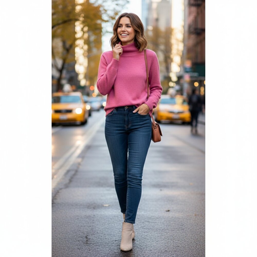 100% Cashmere Mock Neck Sweater – Deep Pink – Classic Old Money Style – Women’s